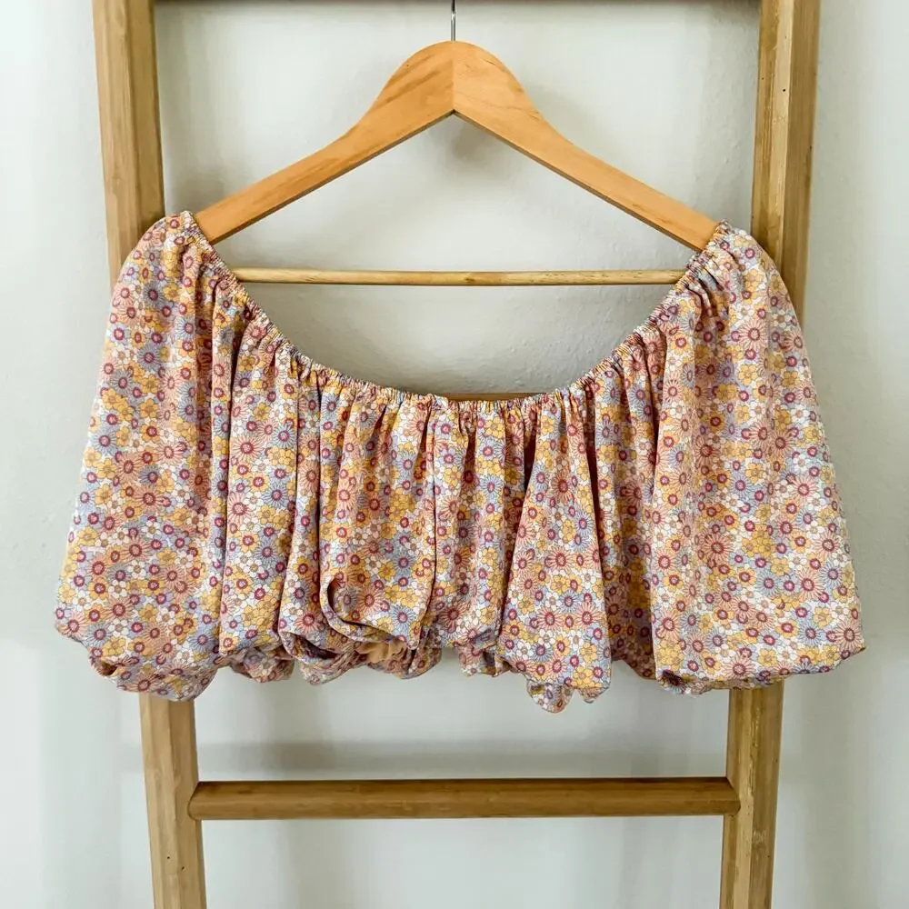 Zara Printed Satin Effect Floral Puff Sleeve Off Shoulder Crop Top Size Small